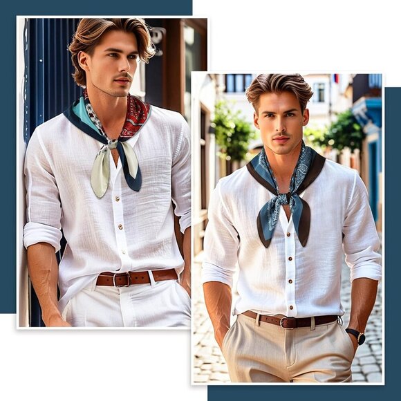 Mens Silk Feel Scarf 2 Pack, 27 Inch Neckerchief Ascot, Novelty Head Bandana Wra - Picture 3 of 6